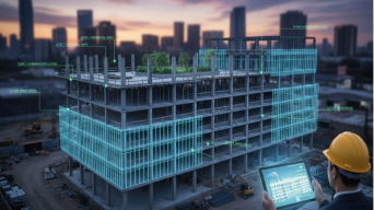 Modern construction site at sunset