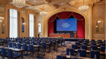 Hotel ballroom set for a corporate event